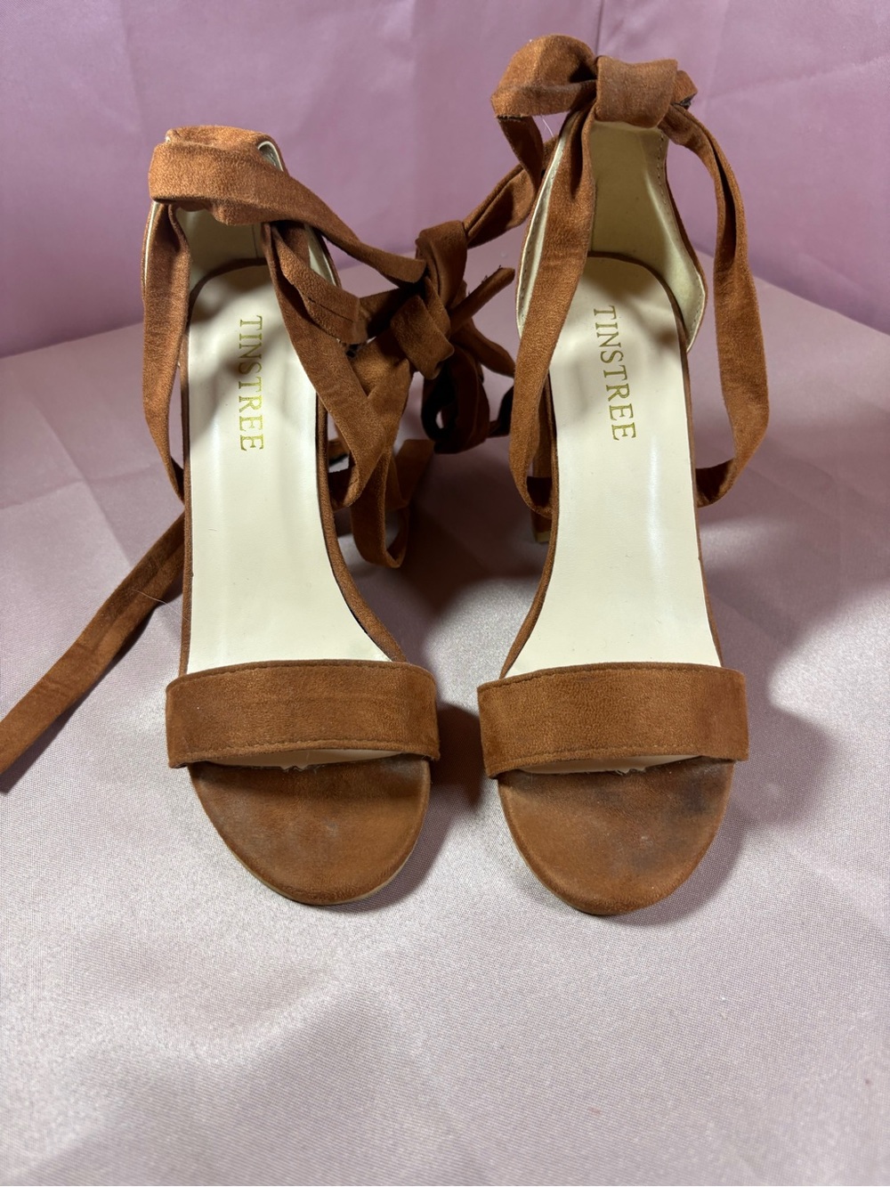 TinsTree Women's Tan Suede Lace-Up Block Heel Sandals